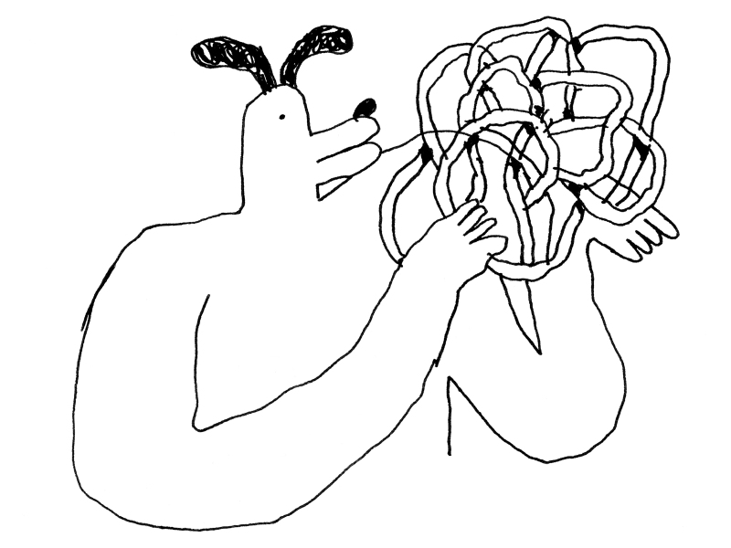 Grafik, Websitegestaltung: schwarze Strichzeichnung. Torso eines menschähnlichen, stilisierten Hunds; hält ein kugelförmiges Geflecht aus ineinanderlaufenden Schläuchen in seinen Händen. Der neutrale Gesichtsausdruck ist mit einem geraden Strichmund angedeutet; abstehende schwarze Schlappohren und eine rundliche, schwarze Nase geben der Zeichnung einen humorvollen, scherzhaften Charakter.